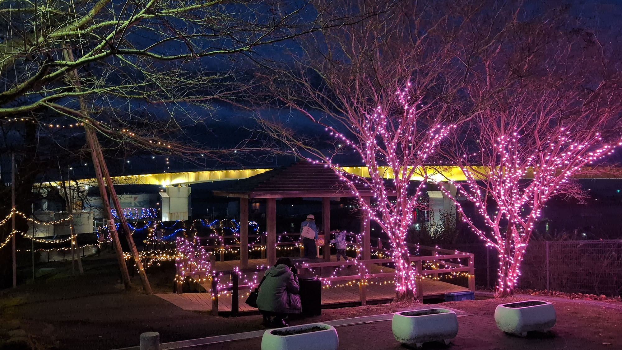 帰るころには、周辺は暗くなり、イルミネーションが綺麗に輝いてました。早速、市民の方が来場してました！